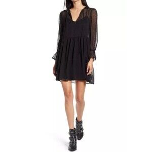 WAYF Women's Size M Black‎ Long Sleeve Swiss Dot Mini Dress Flared Cuffed